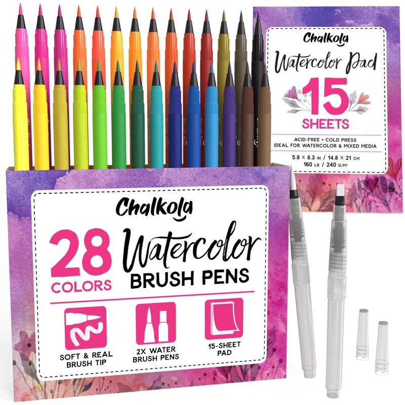 Chalkola Watercolor Brush Pens for Lettering  Coloring  Calligraphy - Set of 28 Watercolor Pens  15 Painting Pad & 2 Watercolor Markers - Drawing Art Supplies for Kids  Adults  Professional Artist